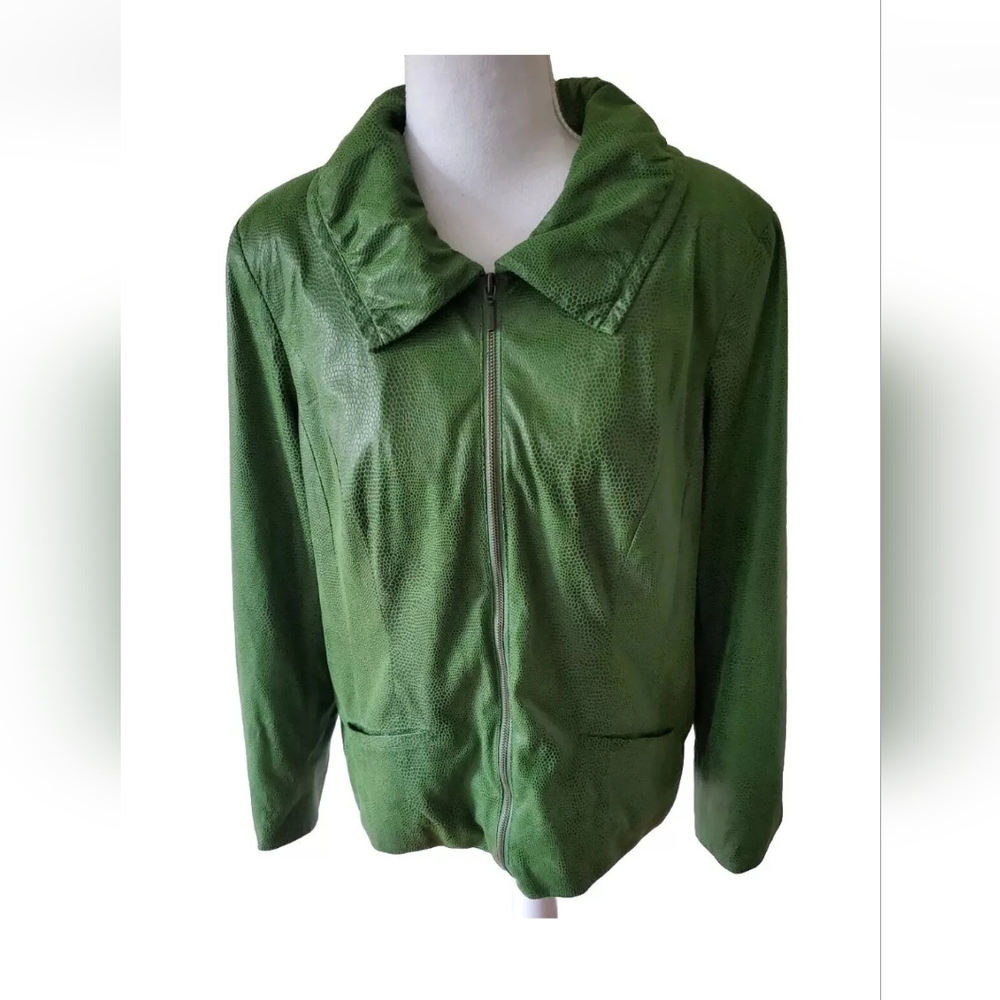 JM Collection Jacket Womens SZ 12 (Large) Green Faux Snakeskin Lightweight Zip - Picture 6 of 11